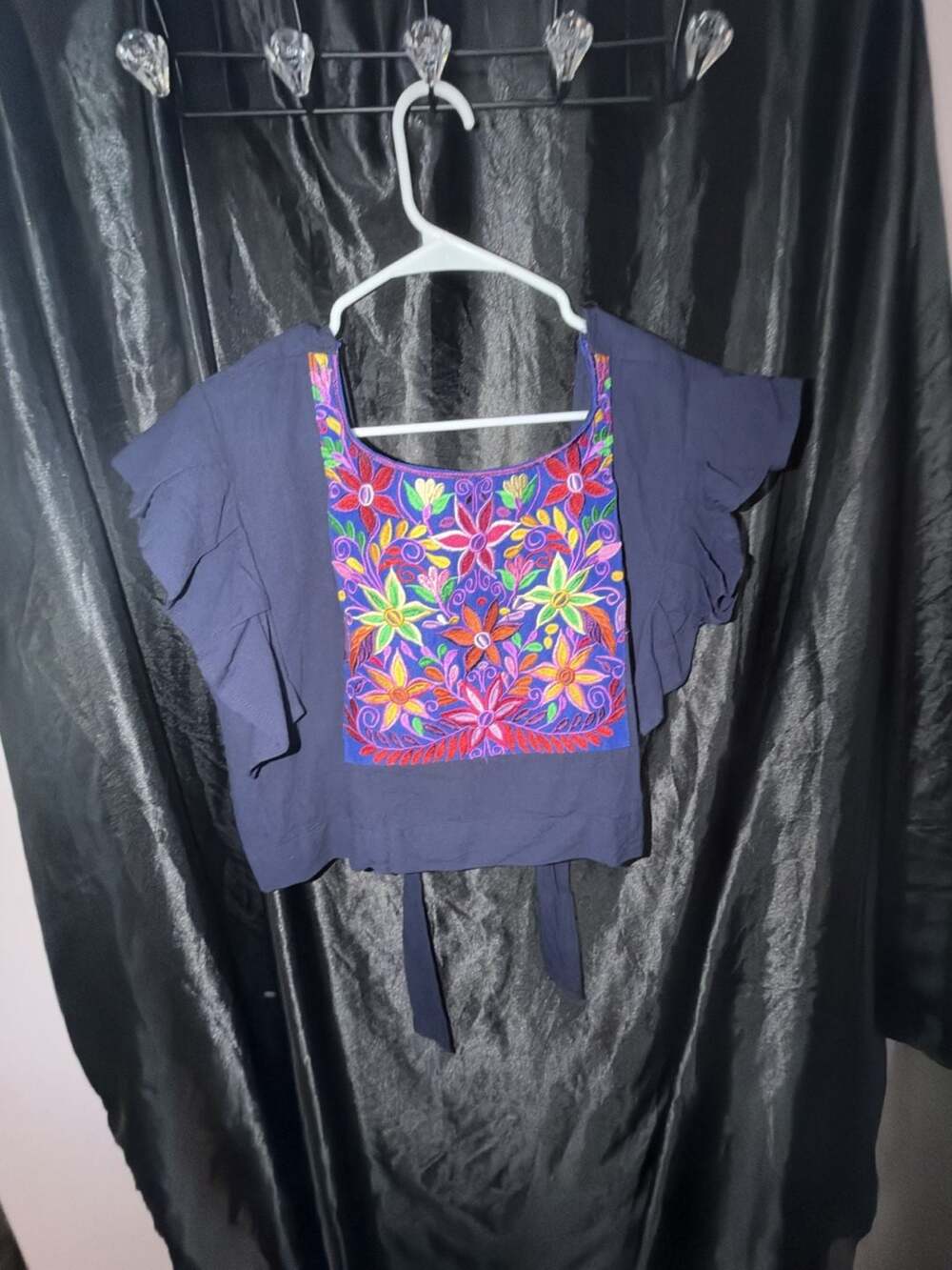 Mexican Artisan Embroidered Floral Ruffle Crop Top Navy Blue